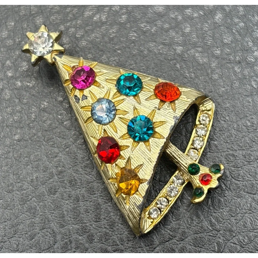 Vintage Christmas Tree Brooch MCM Modernist Multicolor Rhinestone Gold Tone